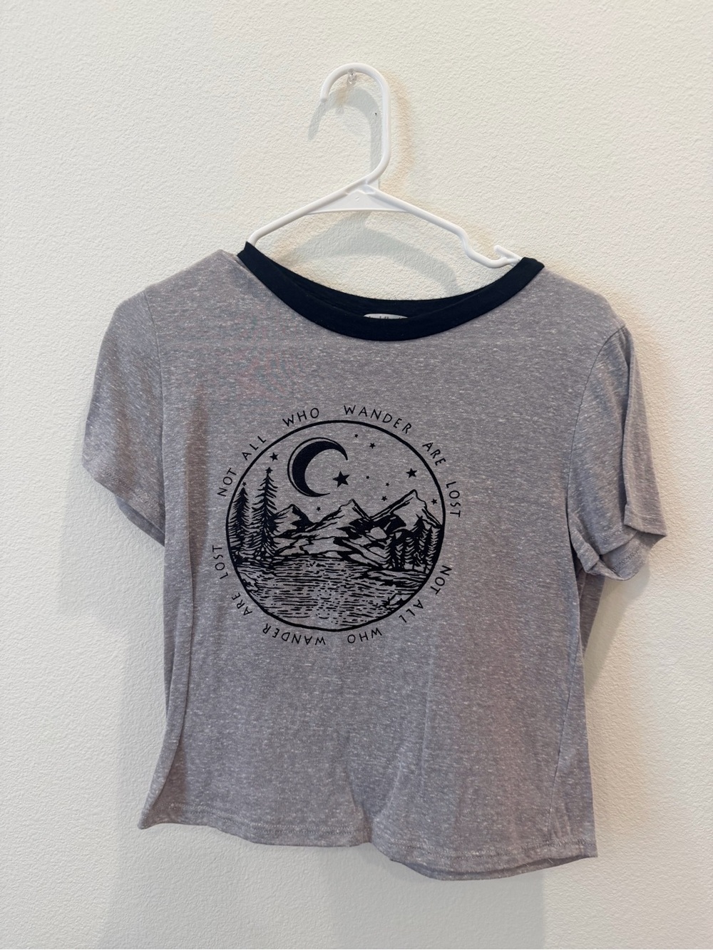 Charlotte Russe Gray Tee with Black Trim and Mountain Graphic